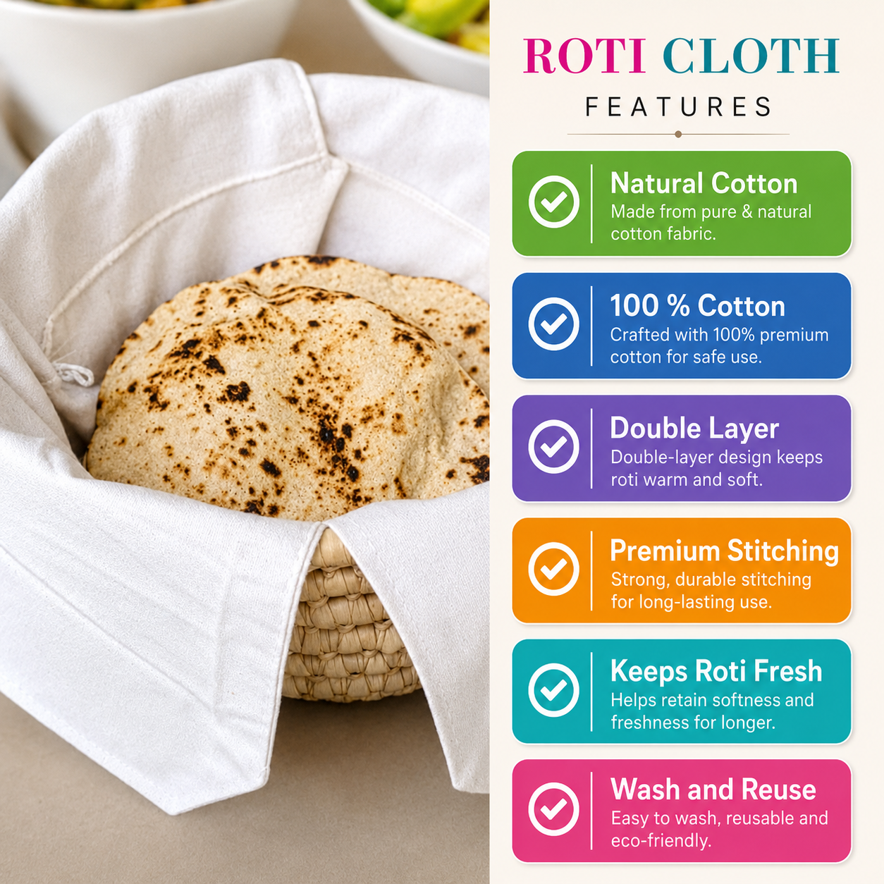 Premium Cotton Double Layer Roti Clothes Wrap with Flaps copy