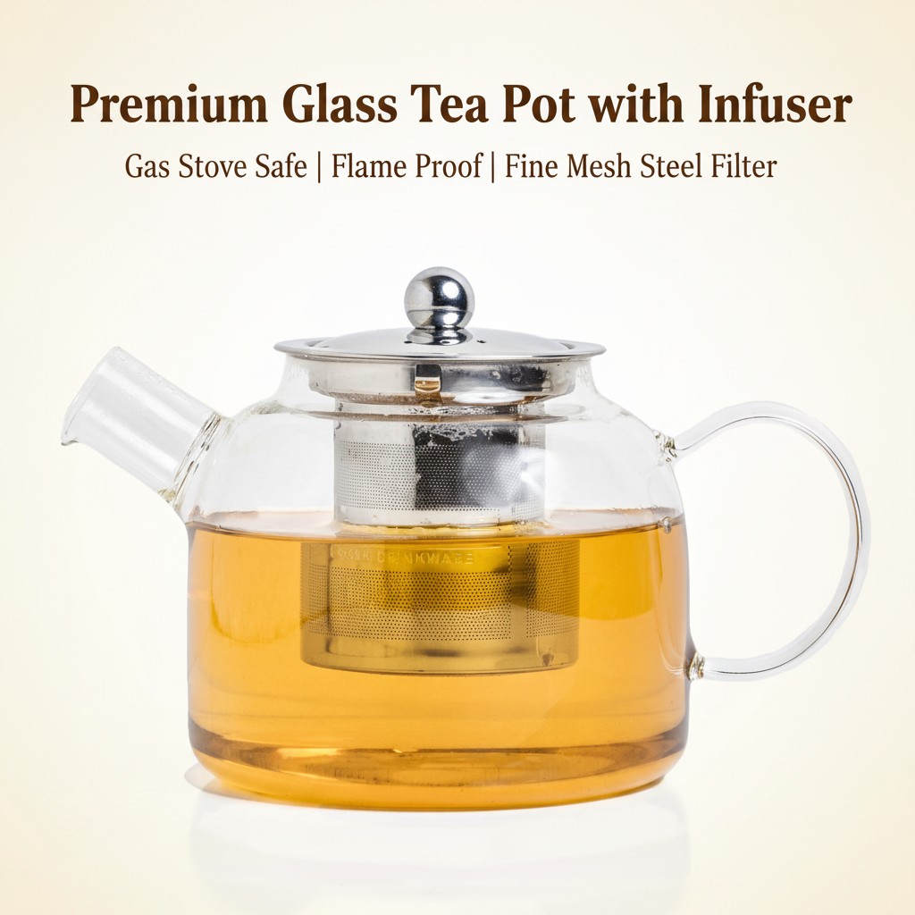 Premium Glass Tea Pot with Infuser – Gas Stove Safe & Flame-Proof, Fine Mesh Steel Filter