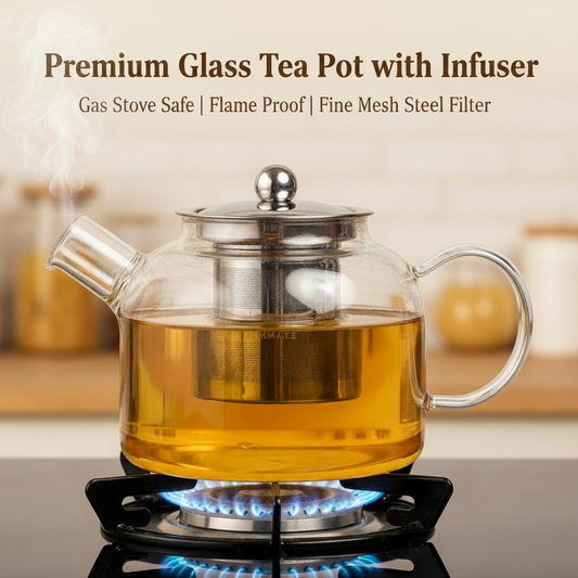 Premium Glass Tea Pot with Infuser – Gas Stove Safe & Flame-Proof, Fine Mesh Steel Filter