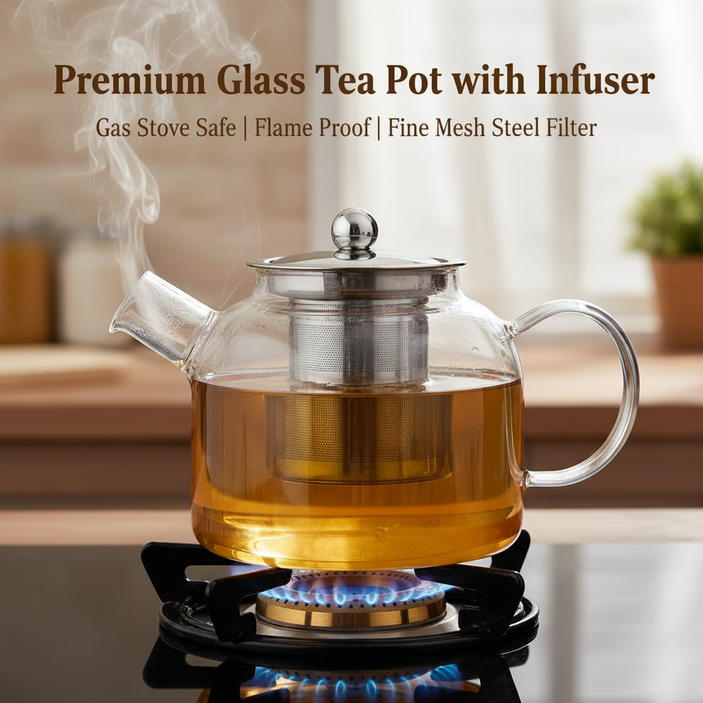 Premium Glass Tea Pot with Infuser – Gas Stove Safe & Flame-Proof, Fine Mesh Steel Filter