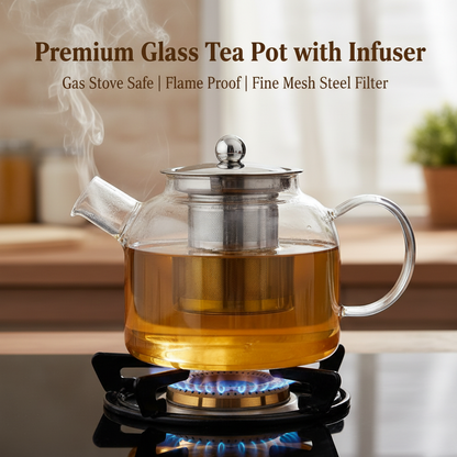 Premium Glass Tea Pot with Infuser – Gas Stove Safe & Flame-Proof, Fine Mesh Steel Filter