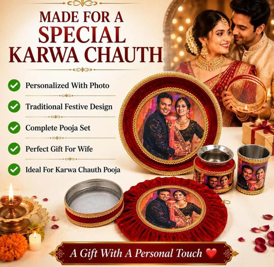 Personalized Photo Printed Karwa Chauth Pooja Thali Set - 5 Piece Red Stainless Steel