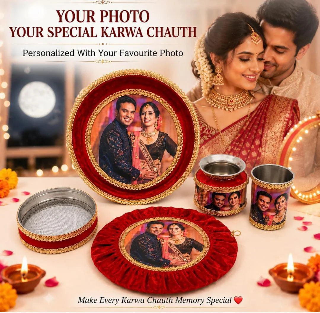 Personalized Photo Printed Karwa Chauth Pooja Thali Set - 5 Piece Red Stainless Steel