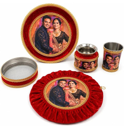 Personalized Photo Printed Karwa Chauth Pooja Thali Set - 5 Piece Red Stainless Steel